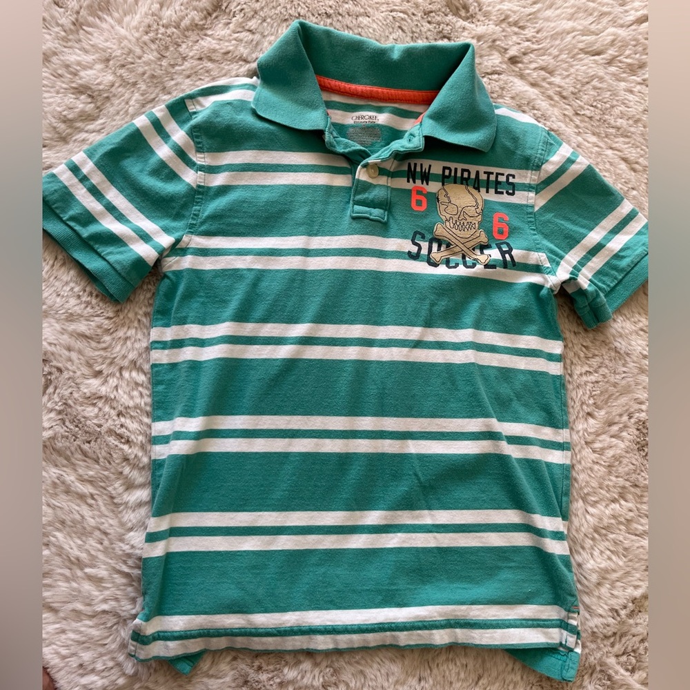 Boys polo shirt.  Cherokee medium. 7/8. Pirates. Green and white.